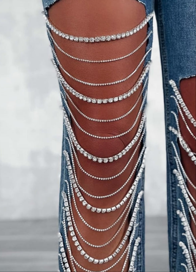 Sexy Ripped Distressed Destroyed Rhinestones Chain Party Clubwear Denim Pants Jeans