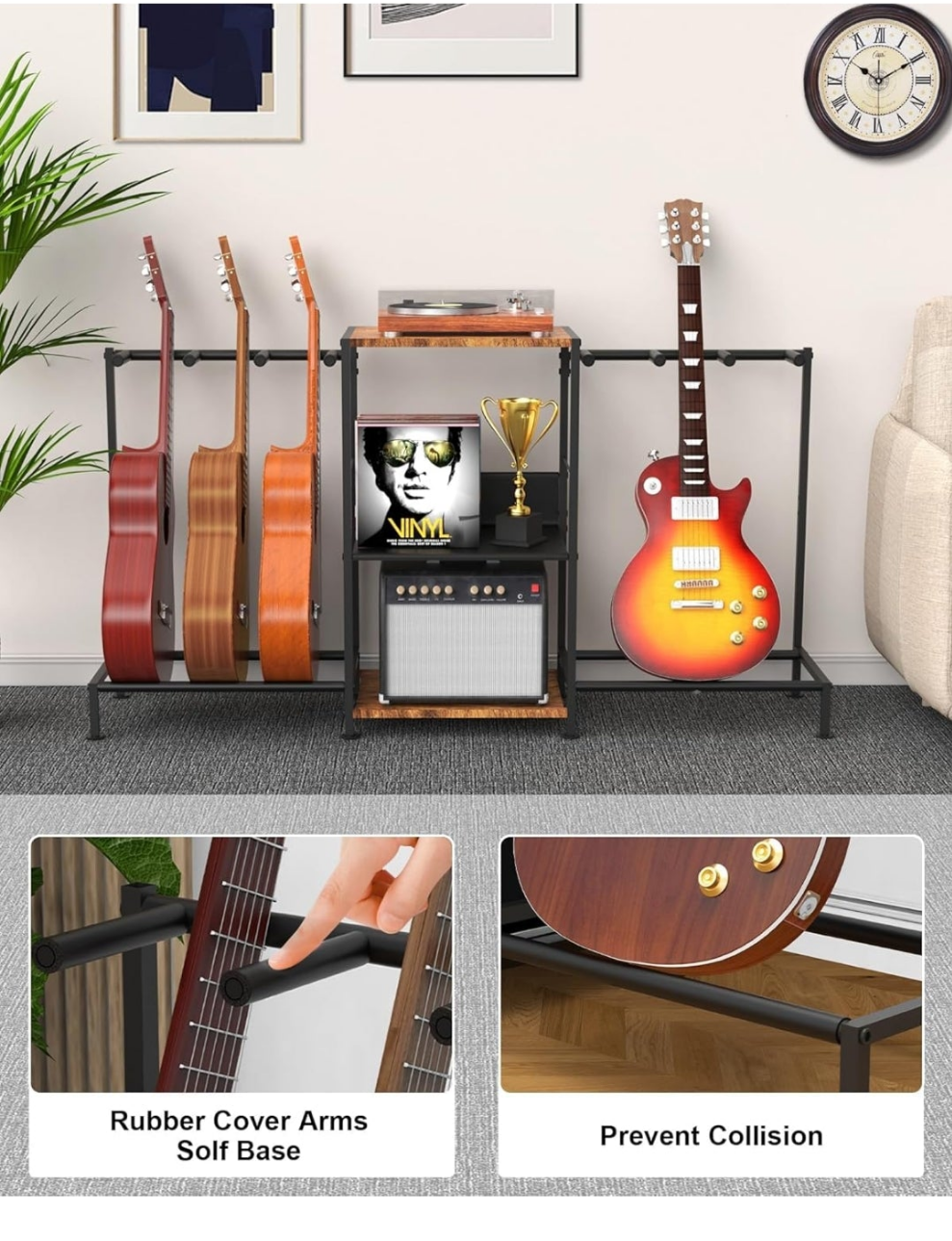 Guitar Stand for Acoustic Multiple Guitars Holder with 3-tier Storage Shelf, Guitars Display Rack Guitar Amp Accessories with Soft-Padded Protect Multi Guitar Stand for Home Studio Music Room