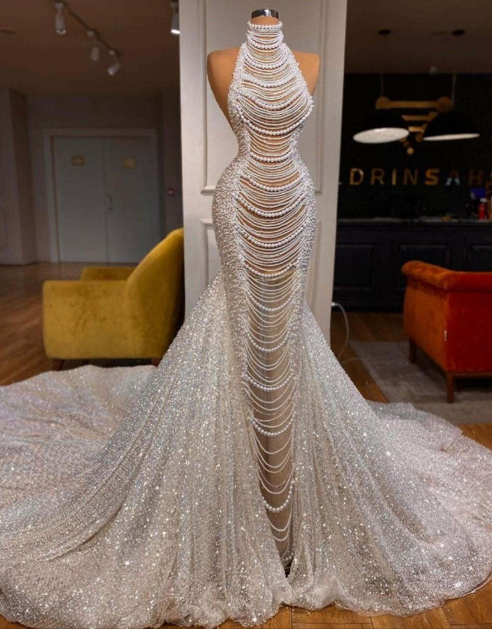 Long Mermaid Halter Beading Sleeveless Wedding Dress With Pearls