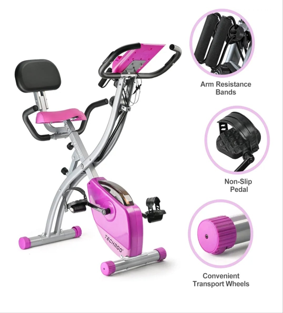 Folding Exercise Bike Portable Upright Adjustable Backrest Cycling Recumbent Stationary Bike Slim Indoor Workout Fitness Cardio Foldable Exercise Bicycle Machine with Pulse Sensor LCD Monitor Arm Resistance BandsSpecial FeaturePortable, Distance Travelled