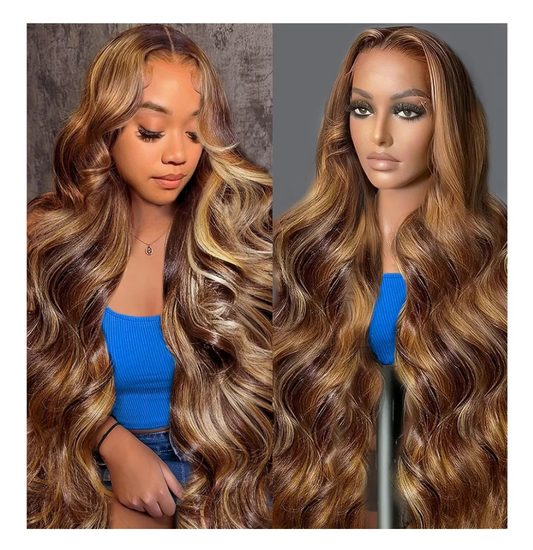 Real Human Hair Wig 30 Inch Ombre 13x6 Lace Front Wig Human Hair 210% Density 4/27 Highlight Wigs Honey Blonde Body Wave Lace Front Wig Pre Plucked HD Frontal Wig Glueless Wigs