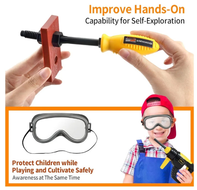 Power Tool Drill Set】The toys drill comes with 4 interchangeable drill bits for different functions, it only requires 2AA batteries that simulate sound and movements, which is more attractive and develop kids' imagination.
【Handheld Tool Kit