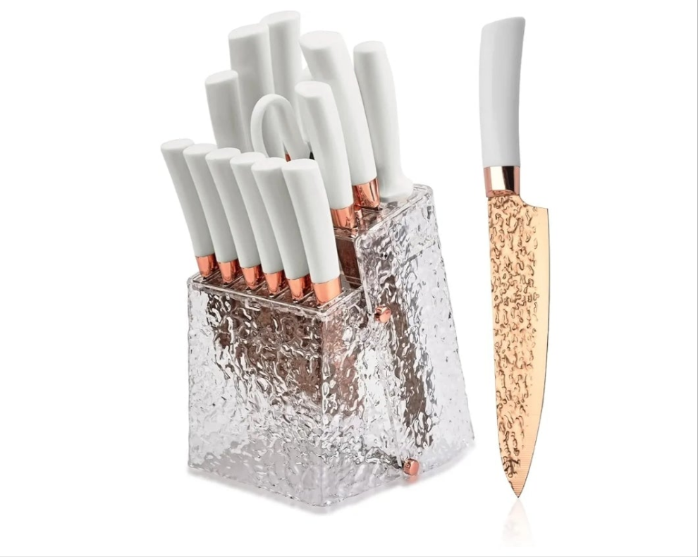 Kitchen Knife Set Non Stick Knives with Storage Serrated Steak Knife, Chef Knife, Bread Knife, Scissors, Sharpener, 14Pcs Sharp Cutlery Block Sets for Home & Pro Use Pearl White Handle Gold Blade