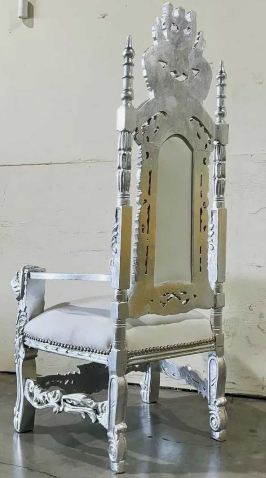 French Medieval Style King Throne Chair with Leather and Gold Leaf Details on the Gold chair Silver Leaf on the Silver chair and Black Lacquer on the Black chair