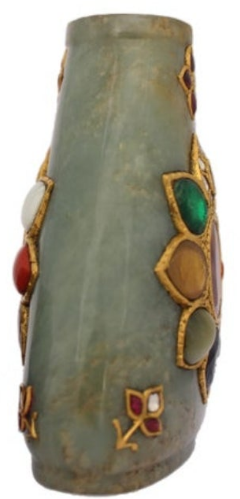 24k Gold Mughal Jadeite Jade Whiskey Flask Encrusted with Nine Gemstones Coral,Diamond,Jade,Blue Sapphire,Yellow Sapphire