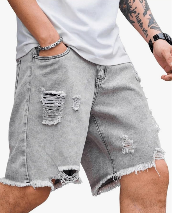 Men's Ripped Distressed Raw Trim High Waist Straight Leg Denim Shorts