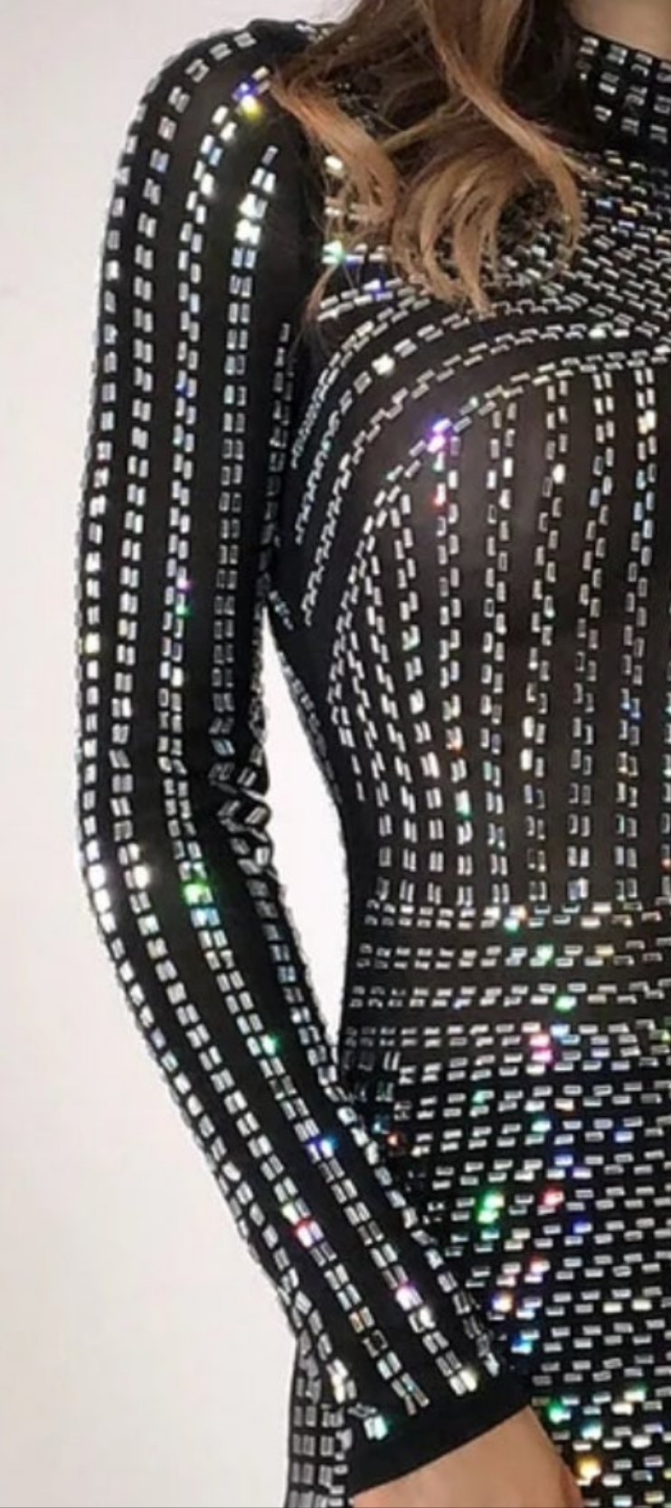 Stand Collar Long Sleeve Rhinestone Tunic Midi Dress-Black COCOMONEY