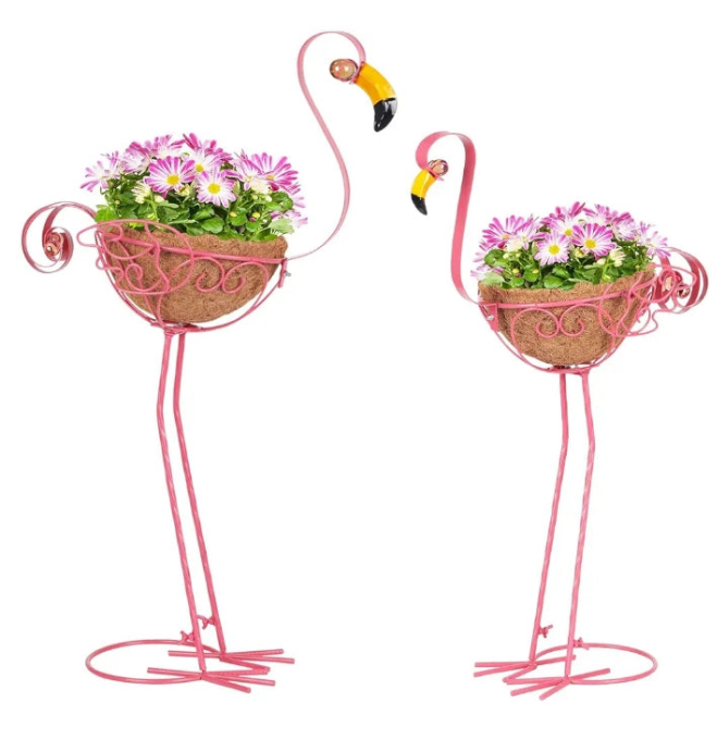 Set of 2 Pink Metal Flamingo Planters with Basket for Indoor Outdoor Garden Yard Decor