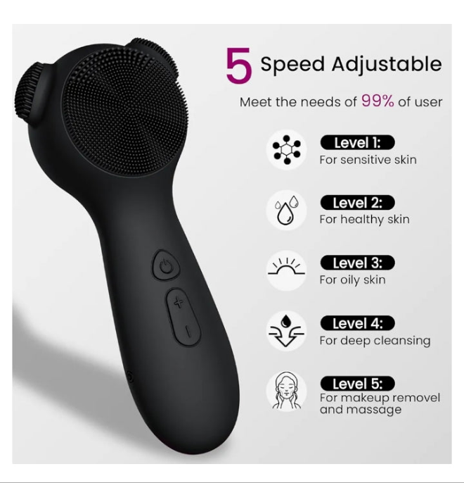 Silicone Face Scrubber Exfoliator Electric for Men Women, Rechargeable Facial Cleansing Brush with Wireless Charging Dock, Waterproof Sonic Vibrating Face Scrub Brush Cleanser for Exfoliating, Black