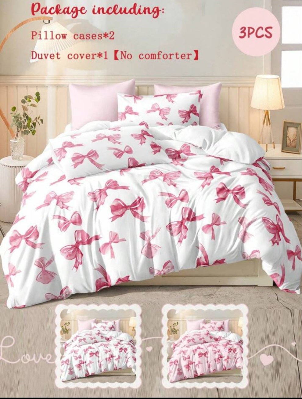 3pcs Cherry Fruit & Bow Print Bedding Set (1 Duvet Cover + 2 Pillowcases, No Filling), Pink Background, Romantic Wedding, Soft Polyester Fiber, Suitable For Bedroom, All Seasons