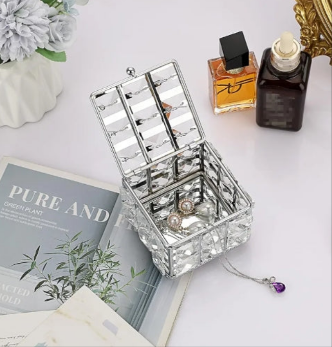 Crystal Jewelry Box - Square Decorative Trinket Organizer Box Sparkling Mirrored Jewelry Chest for Rings Earrings Keepsakes
