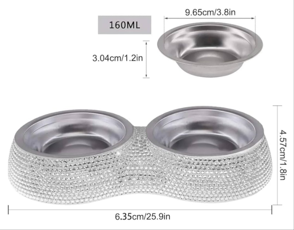 Rhinestone Pet Bowls, Bling Dog Cat Bowl Stainless Steel for Pets Food Water Dishes-2 Pack or single bowl
