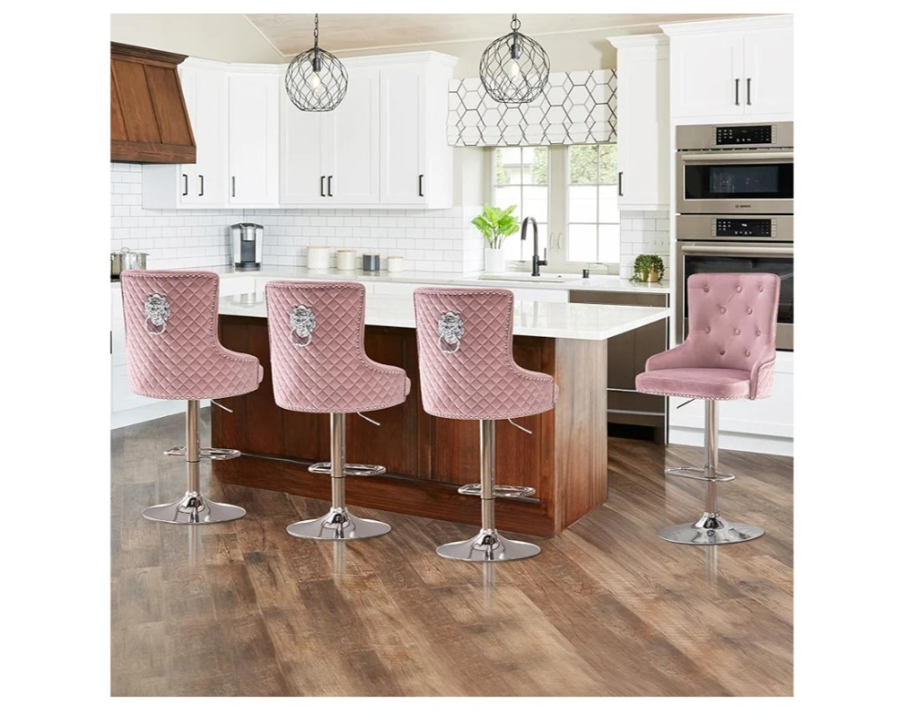 Velvet Swivel Adjustable Bar Stools Set, Modern Counter Height Stools with High Tufted Back,Barstools with Chrome Footrest/Lion Pull Ring/Diamond Pattern,Kitchen Dining Pub Chairs,