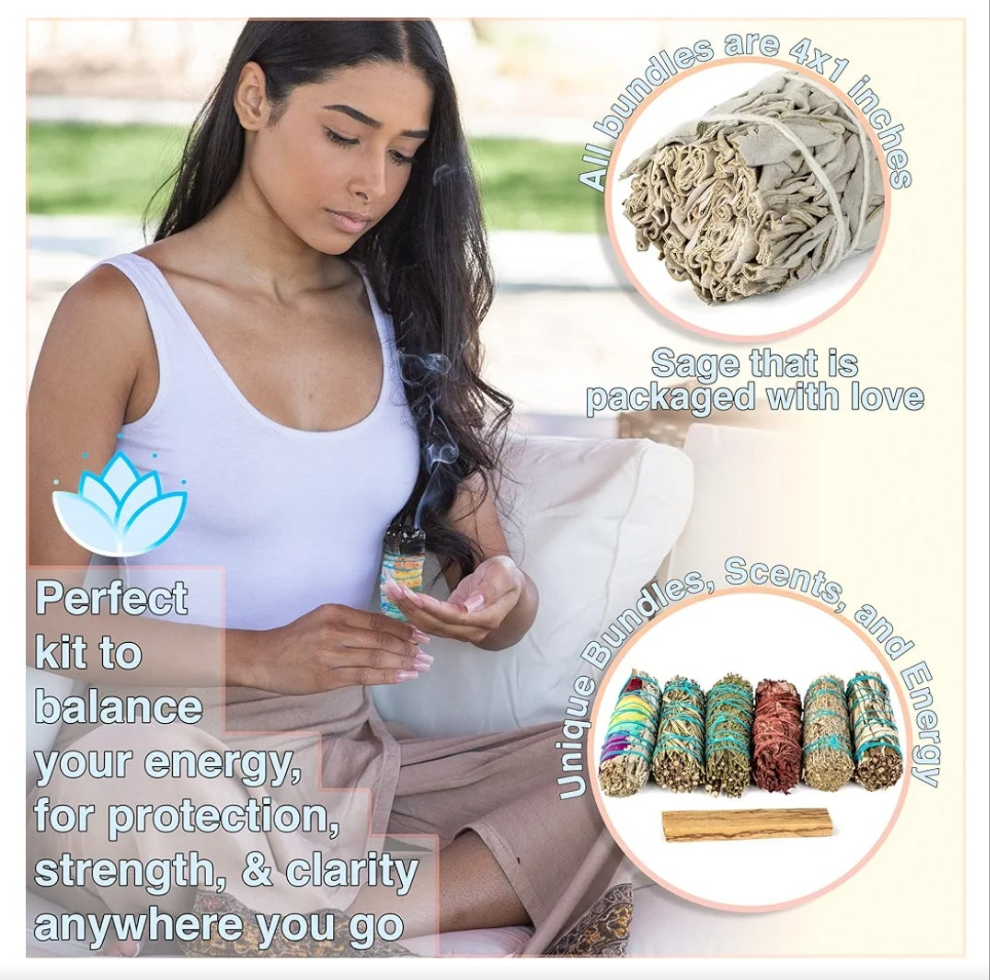 7 Sage Smudge Kit with Blue Sage, 7 Chakra White Sage, Cedar, Dragon's Blood, Rosemary, Yerba Santa, Palo Santo | Salvia Blanca para Limpiar Sustainably Sourced