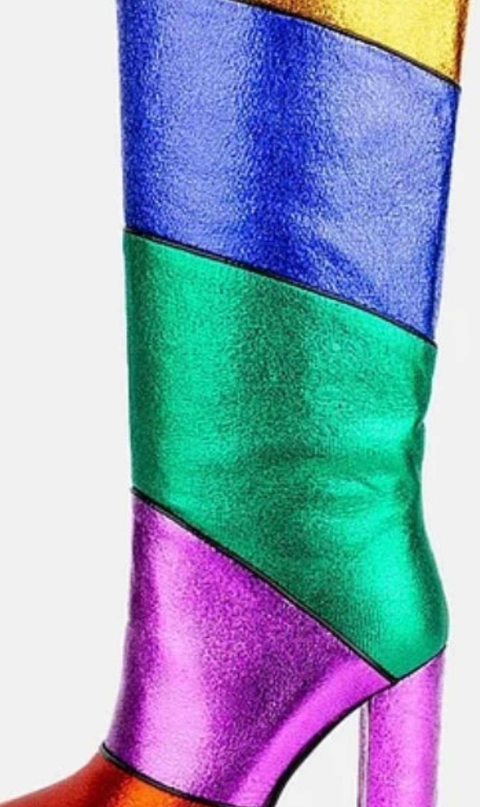 Metallic Colorblock Pointed Toe Chunky Heel Boots-Rainbow