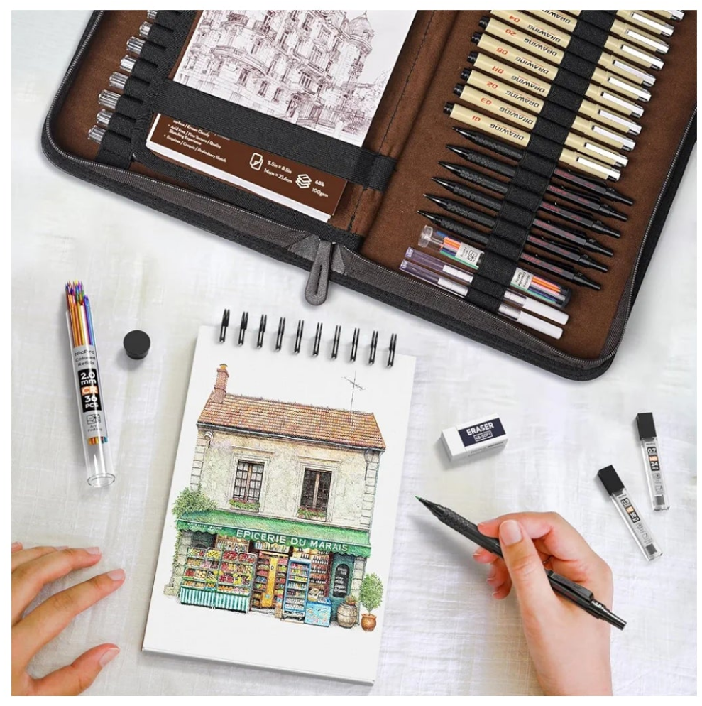 58PCS Art Drawing Supplies Kit in Leather Case, MP1000 Black Metal Mechanical Pencil Set with Drafting Pencil 0.5, 0.7, 0.9 & 2mm, 12 Micron Pen, Sketch Book, 30 Tube Lead Refills for Sketching