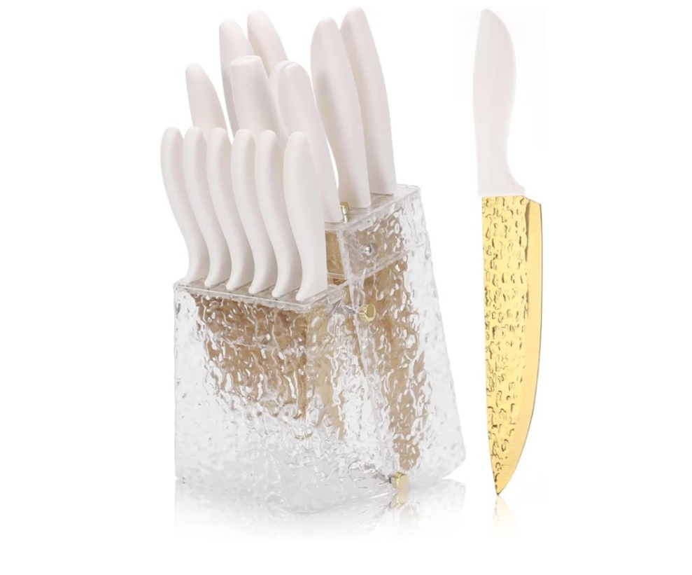 Kitchen Knife Set Non Stick Knives with Storage Serrated Steak Knife, Chef Knife, Bread Knife, Scissors, Sharpener, 14Pcs Sharp Cutlery Block Sets for Home & Pro Use Pearl White Handle Gold Blade