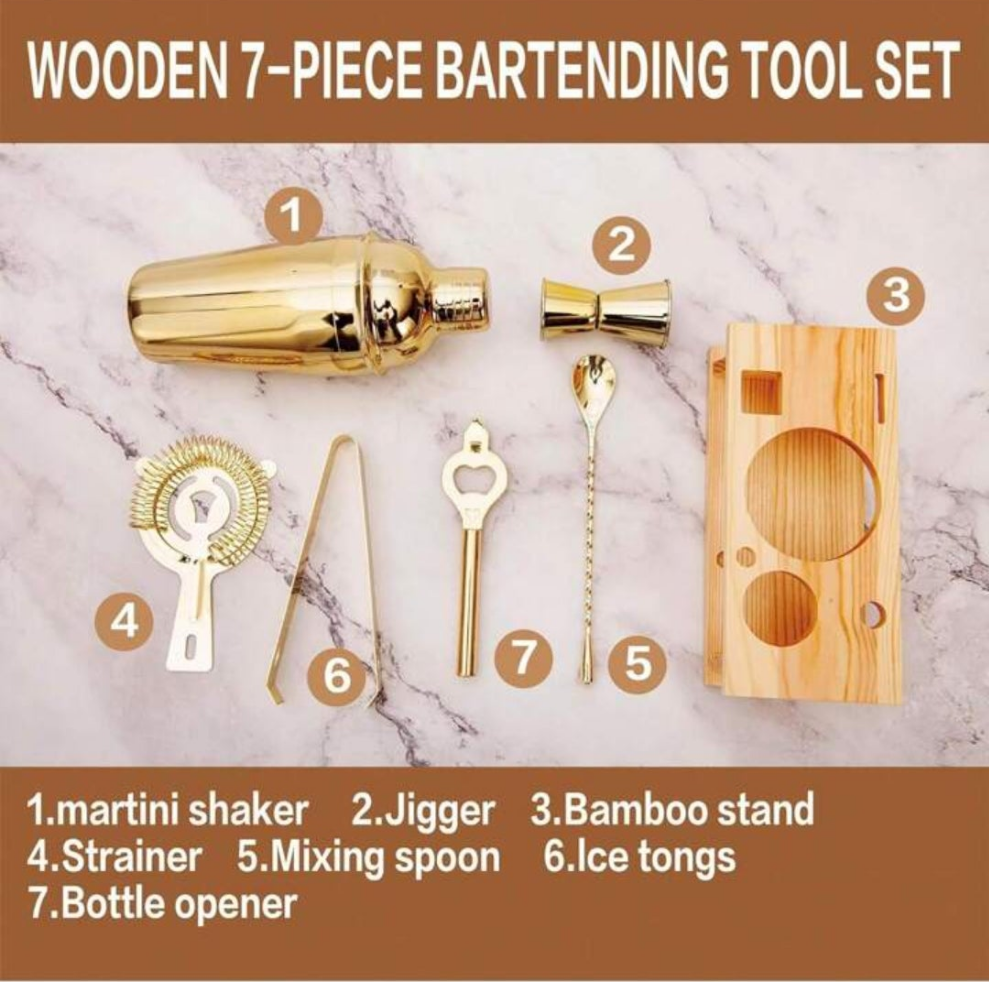 Cocktail Shaker Set Stainless Steel Bartending Kit 18.6oz Cocktail Bar Set Cocktail Mix Drink Making Kit Professional Bar And Home Drink Bar Tools For Bartender (Gold, 7Pcs) stainless steel