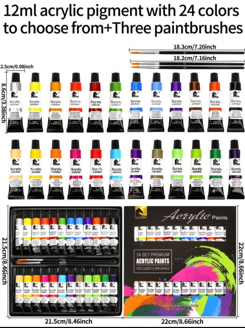 27pcs Acrylic Paint Kit, 24 Colors Aluminum Tube Acrylic Paints Set With 3 Wooden Handled Nylon Hair Brushes aluminum tube