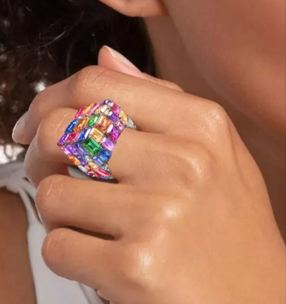 18ctw Emerald Cut Multicolor Sapphire Allover-set Cocktail Ring 925 sterling silver