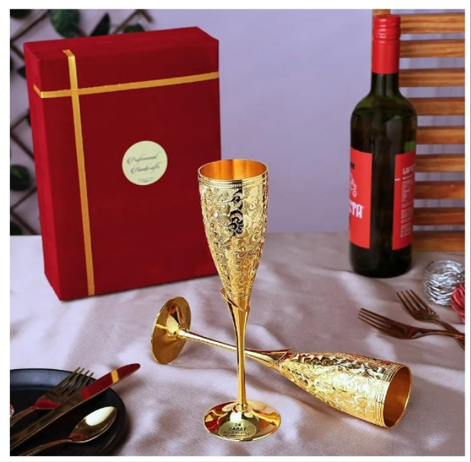 24K Gold Plated Wedding Champagne Flute for Toasting Glass Set of 2, Brass Wine Goblet Metal Chalice Engraved