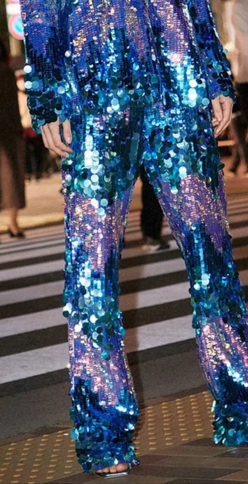 Colorblock Sequin Blazer Two Pieces Pant Set-Blue COCOMONEY