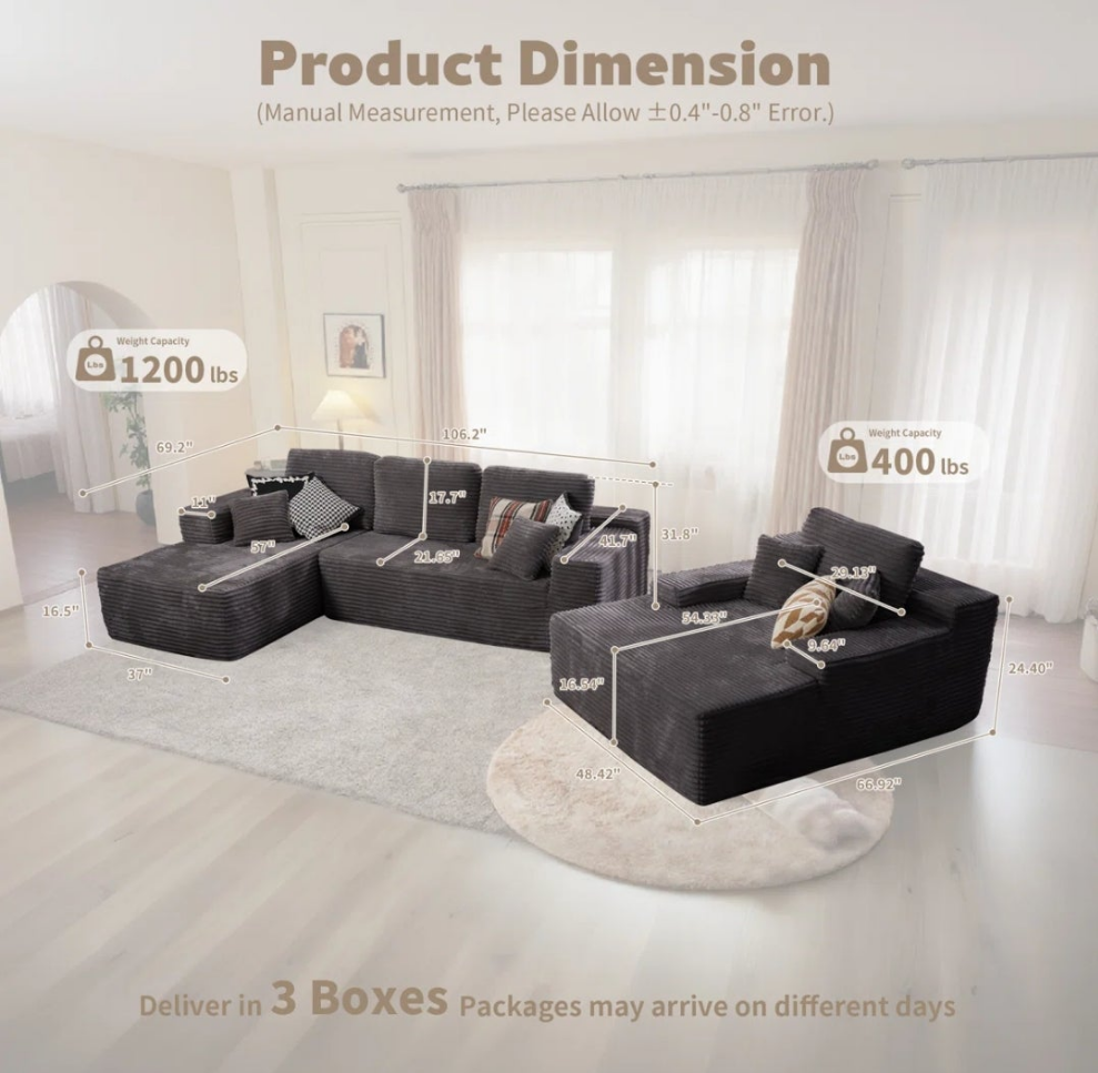 3-Piece No-Assembly Living Room Set, Plush Corduroy Modern Sectional Sofa With Loveseat And Chaise Lounge Bonless no wood or metal Boneless couch
