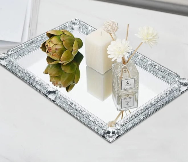 Mirror Crystal Perfume Tray,Crushed Diamond Filled Crystal Glass Tray,Cosmetic Makeup Vanity Tray,Jewelry Trinket Tray,Serving Tray for Home Decorative,Party,Hotel Banquet