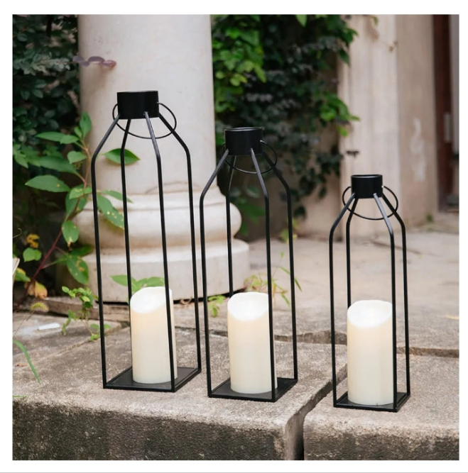 22'' 19'' 16'' Lanterns Decorative w/Flickering Timer Candles- Tall Large Black Metal Candle Lanterns Set of 3- Modern Farmhouse Lanterns Decor for Indoor,Outdoor,Tabletop,Porch (No Glass)