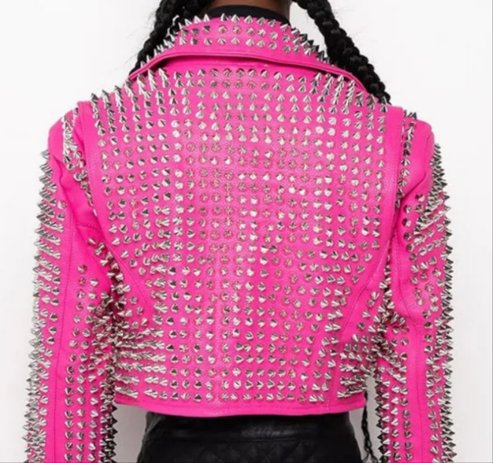 Women's Hot Pink Studded Leather Moto Jacket COCOMONEY