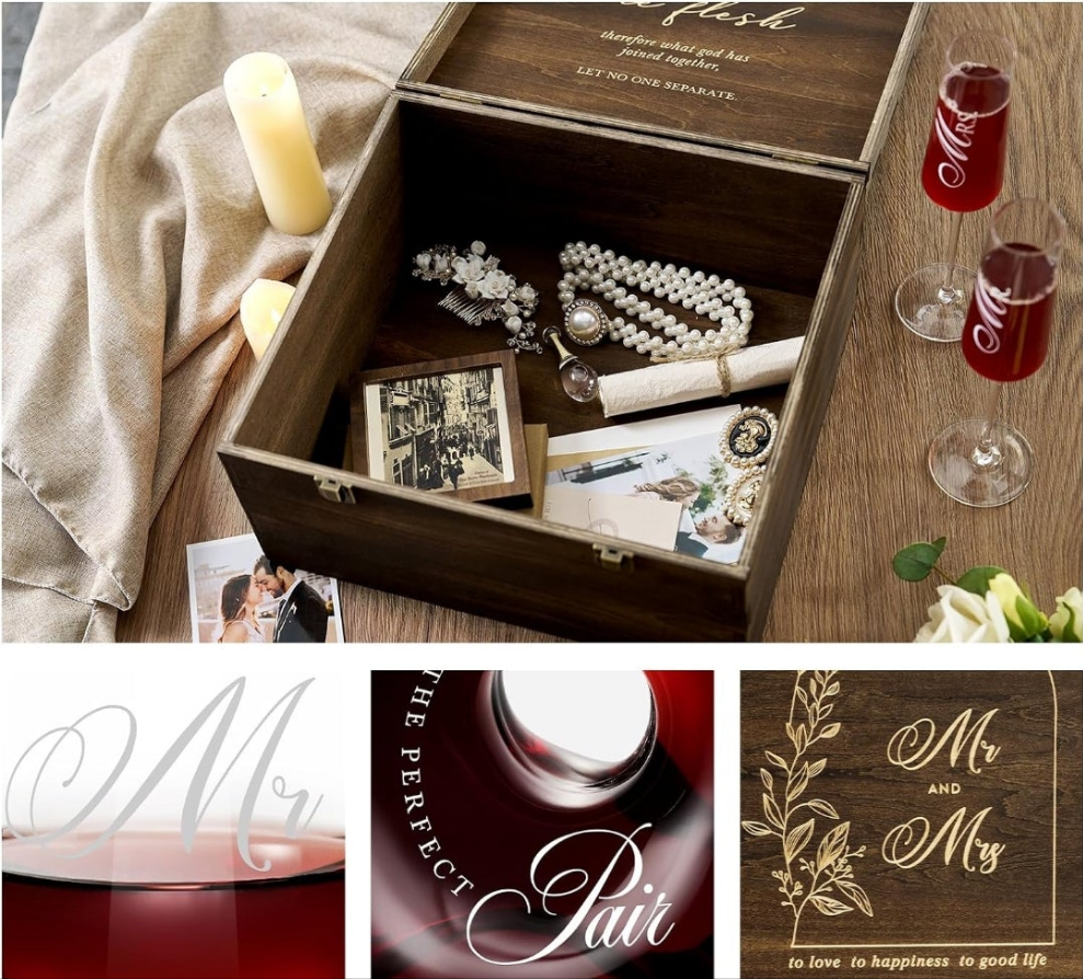 Mr and Mrs Wine Glasses and Decanter Set, Wedding Bridal Shower Engagement Gift for Couples, Wedding Glasses for Anniversary Bride Bachelorette with Wood Keepsake Box