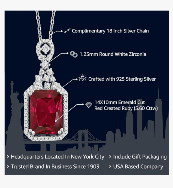 Gem Stone King 925 Sterling Silver Red Created Ruby Pendant Necklace For Women (5.60 Cttw, Emerald Cut 14X10MM, with 18 Inch Silver Chain)