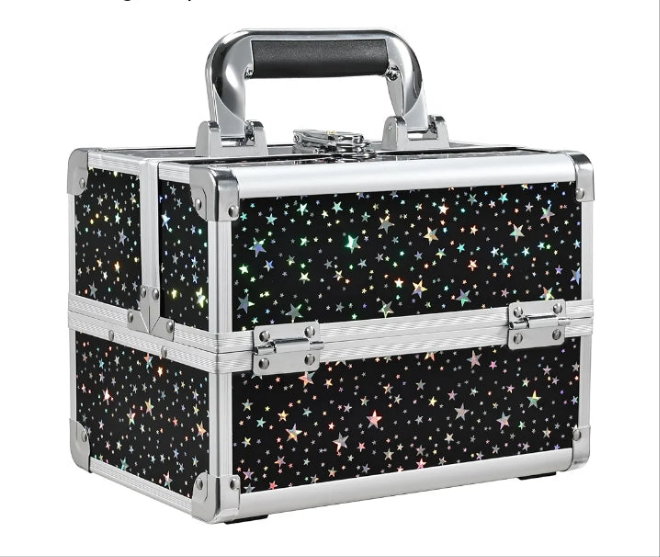 Makeup Train Case Cosmetic Box 2-Tier Tray Jewelry Storage Organizer with Mirror Key Lock Portable Carrying Makeup Box