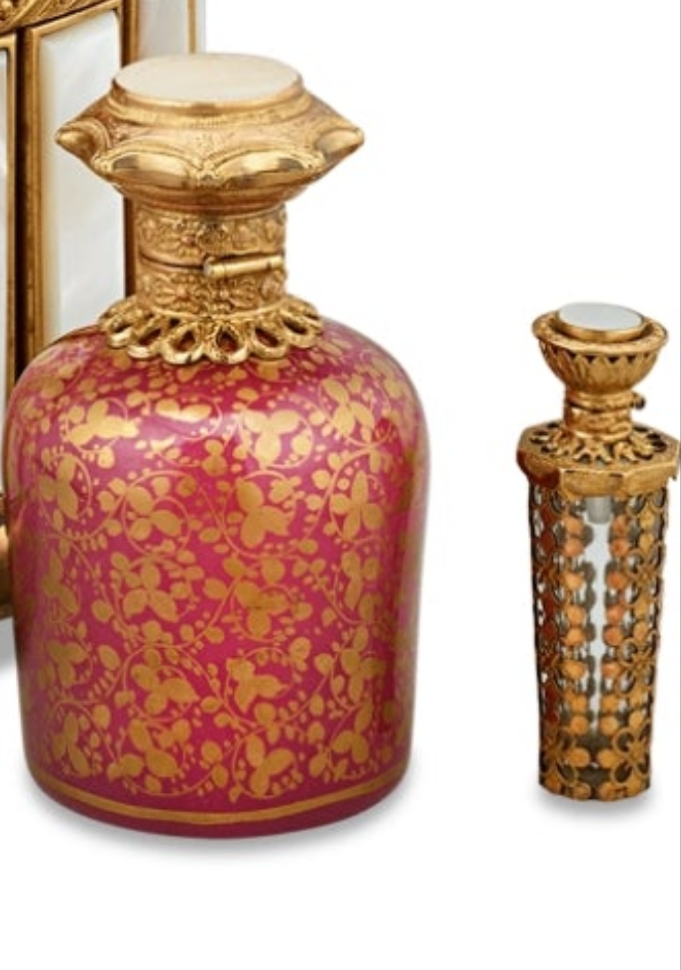 Fabulous Piece A Palais-Royal Mother-of-Pearl Perfume Box and Flasks made of crystal gilt bronze and pink opaline glass. Absolutely stunning. π