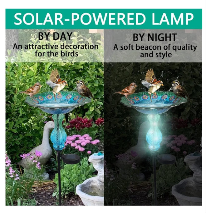 Peacock Bird Bath for Outdoor - Glass Bowl Solar Light Bird Baths Cage Outside Dish Bird Feeder with Metal Stake for Garden, Yard and Patio - 32 inches