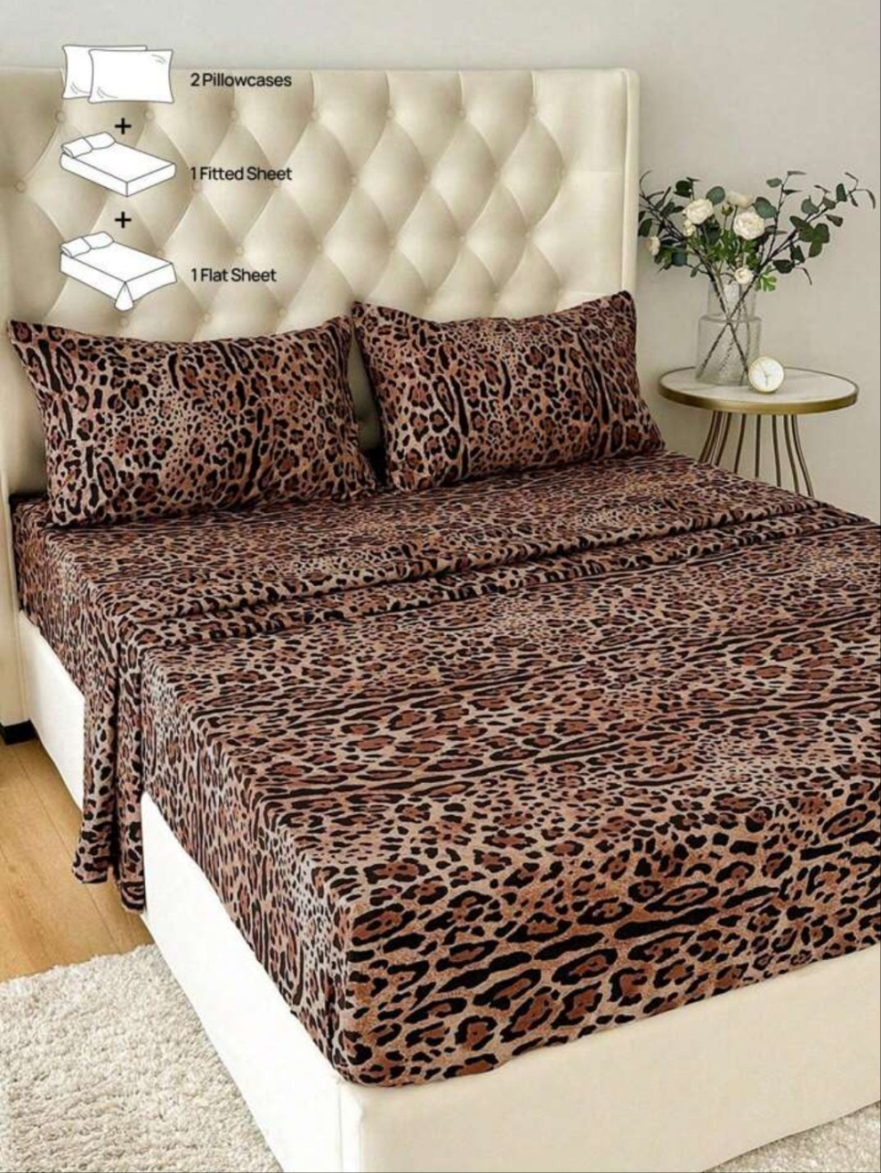 4pcs Polyester Leopard Print Bedding Set (2 Pillowcases+1 Flat Sheet+1 Fitted Sheet)