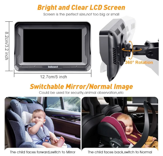Car Camera for Backseat: HD 1080P Easy Setup Carseat Camera Rear Facing Infant - Crystal Night Vision 360° Rotating Baby Car Monitor for Kids - V33