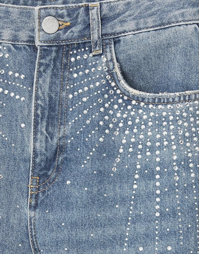 Rhinestone Jeans High Waist Sright Leg Denim Pants Trousers Streetwear