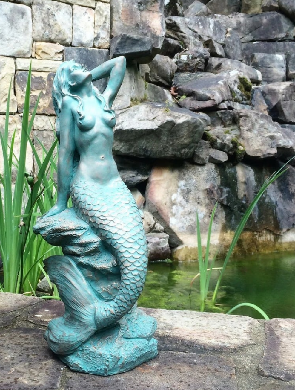 Sexy Mermaid on Coastal Rock Statue Outdoor Waterproof Porch Garden Pool Side Decor Bathroom