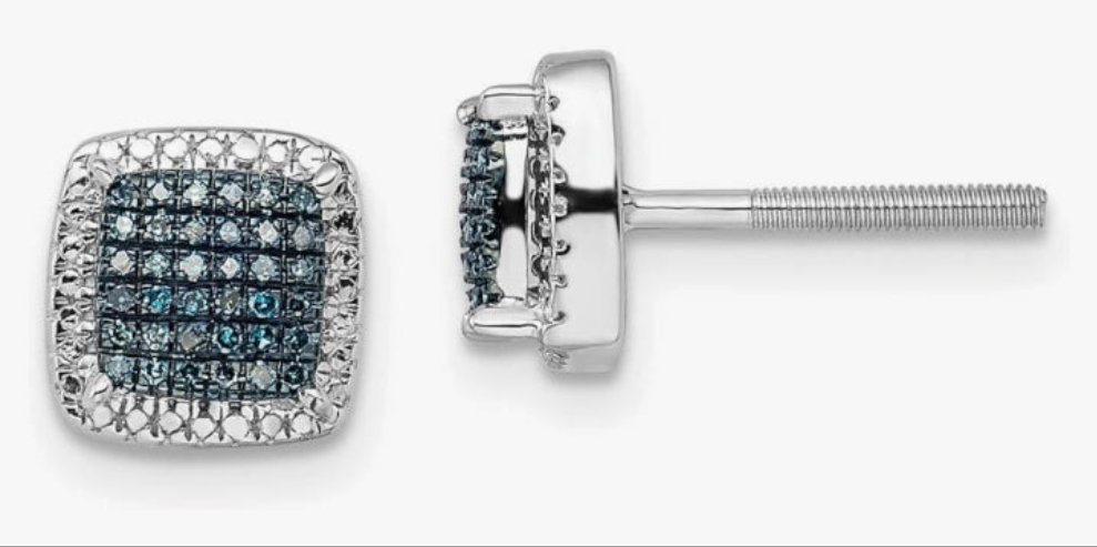 Blue & White Diamond 8mm Square Screw Back Earrings in Sterling Silver