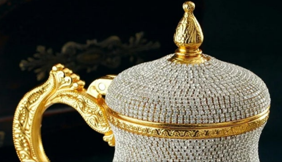 Gorgeous Handmade Gold Decorative Teapot Pitcher – Turkish Moroccan Arabic Style, Crystal Embellished, 2.6 lb, 8x7", Ornate Zamak Kettle for Home Décor & Display – Handmade in Turkey