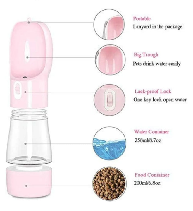 Pet Water Bottle for Walking, Multifunctional and Portable Dog Travel Water Dispenser with Food Container,Detachable Design Combo Cup for Drinking and Eating,Suitable for Cats and Puppy