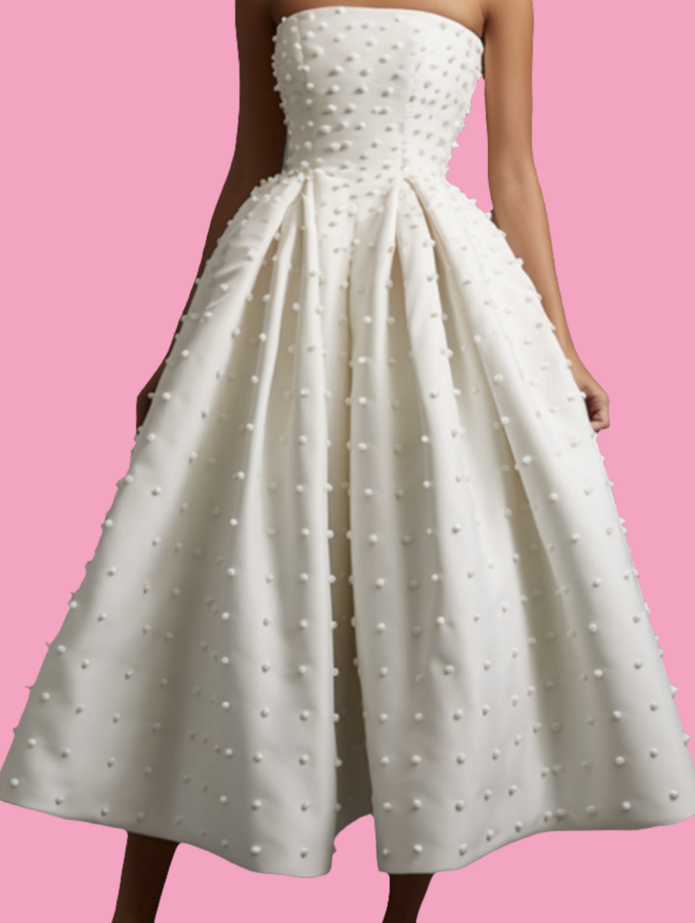 Wedding Strapless Bubble Beaded Tunic Midi Dress-White