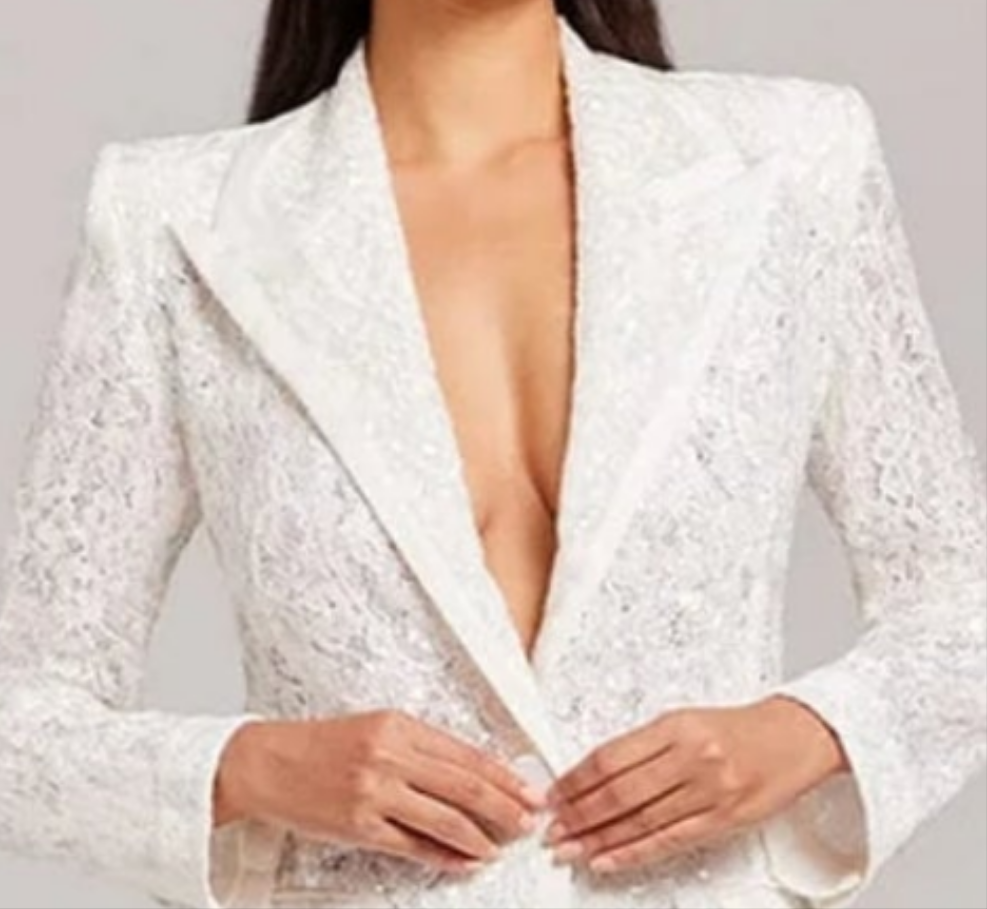 Lace Embroidered Hollow Out Sequin Two Piece Pant Set-White COCOMONEY