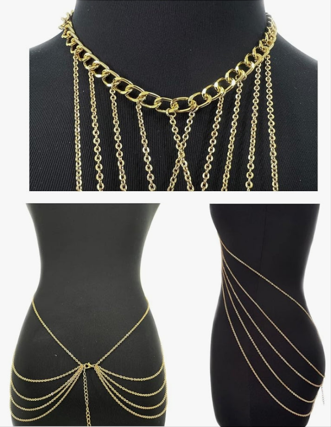 Harness Body Chain Sexy Layered Tassel Belly Waist Chain Necklace Boho Hot Bikini Nightclub Party Beach Body Jewelry for Women and Ladies Gold Tone