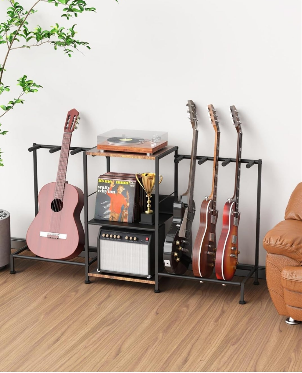 Guitar Stand for Acoustic Multiple Guitars Holder with 3-tier Storage Shelf, Guitars Display Rack Guitar Amp Accessories with Soft-Padded Protect Multi Guitar Stand for Home Studio Music Room
