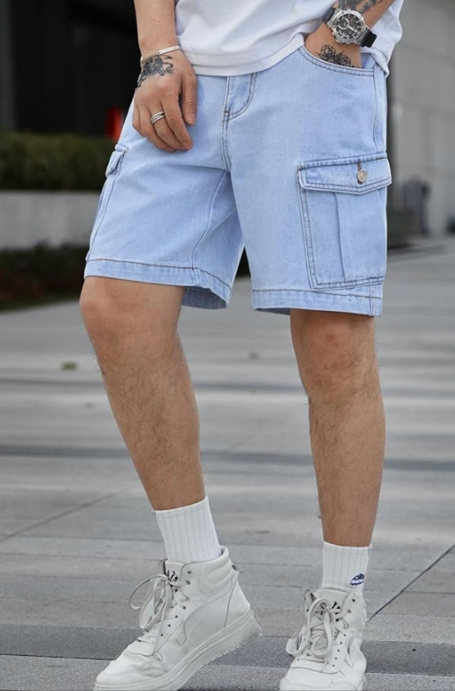 Men's Casual High Waist Straight Leg Denim Cargo Shorts with Pockets