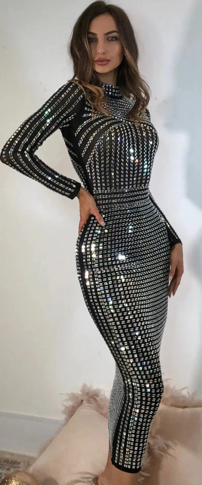 Stand Collar Long Sleeve Rhinestone Tunic Midi Dress-Black COCOMONEY