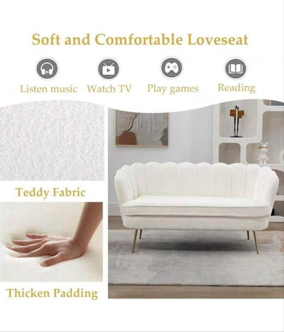 59-Inch Small Modern Chenille Double Sofa, 2-Seat Sofa With Golden Metal Legs, Small Sofa With Flower-Shaped Back, For Living Room Bedroom Office (Beige And Chenille)