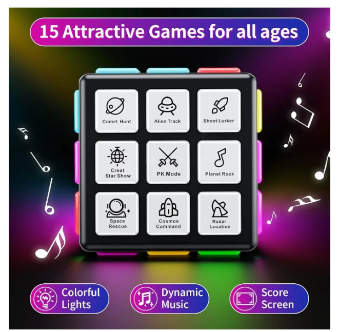Rechargeable Game Cube, 15-in-1 Fun Brain Memory & Speed Games for Kids, Christmas Birthday Gifts for Boys Girls Ages 6-12+ Years Old, Cool Toys for Kids Teens with Score Screen (Black)